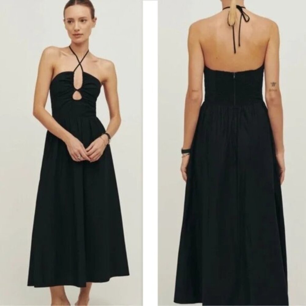 Reformation Black Stassie Dress Size 2 Halter Tie Neck Cutout Cotton Fit & Flare